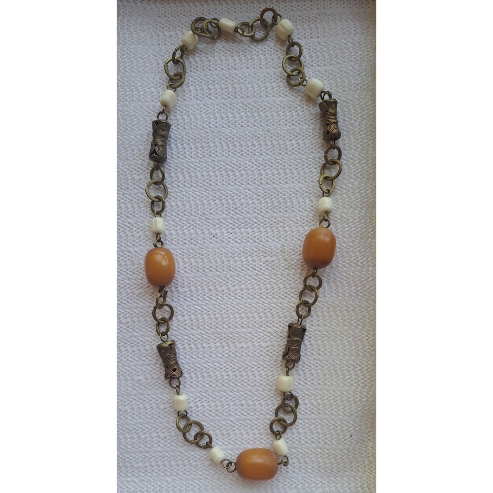 Vintage 1920s Art Deco Butterscotch Bakelite Brass Barrel Necklace - Picture 3 of 7